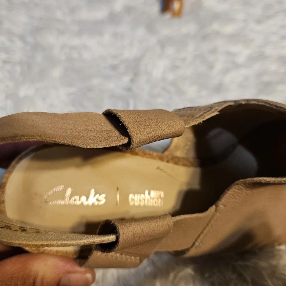 Clarks Collection Tan Leather Wedge Sandals Espadrille Slingback 9.5D